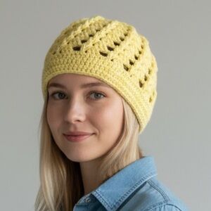 Yellow crochet hat made with cotton yarn